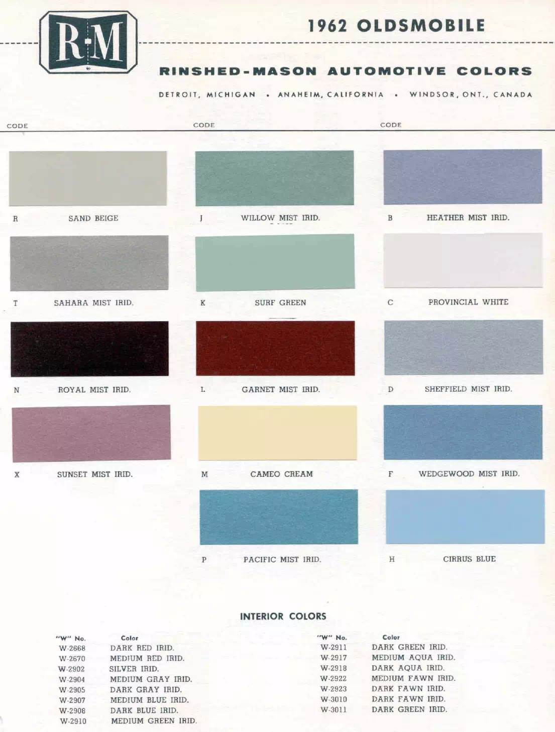 colors and color codes showing the ordering coded for  oldsmobile vehicles