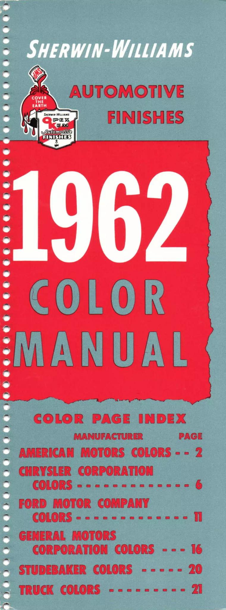 1962 color manual front page Paint color examples, their ordering codes, the oem color code, and vehicles the color was used on