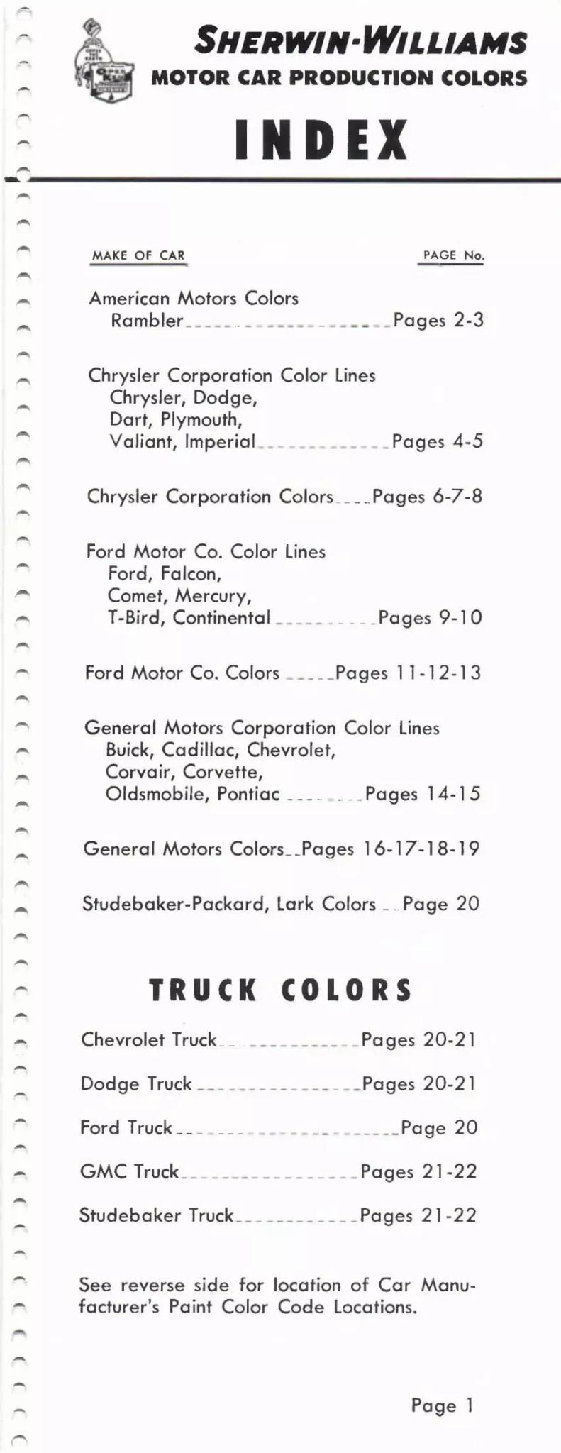 1962 Color Code Book Index Paint color examples, their ordering codes, the oem color code, and vehicles the color was used on