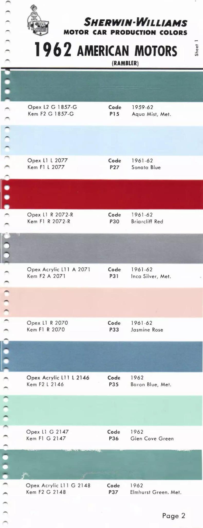 1962 AMC Rambler Paint Codes and Color Chart Paint color examples, their ordering codes, the oem color code, and vehicles the color was used on