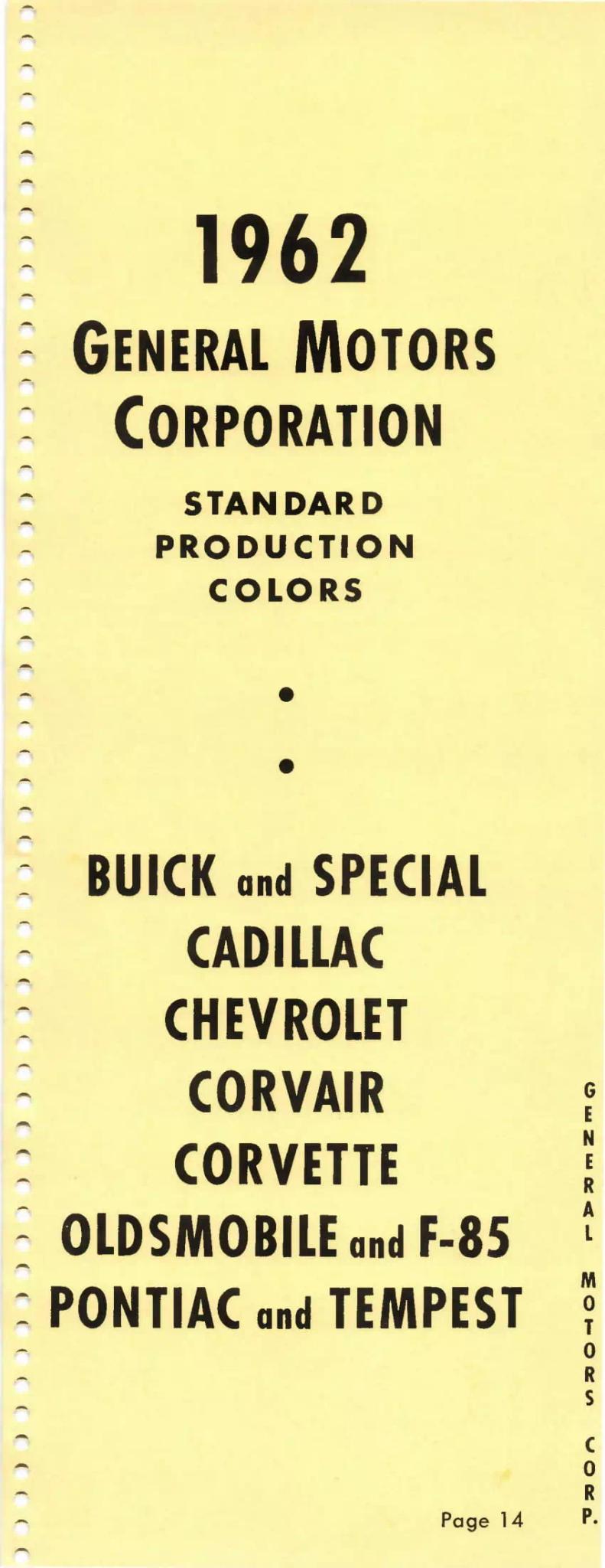 1962 General Motors Corp Opening Page Paint color examples, their ordering codes, the oem color code, and vehicles the color was used on