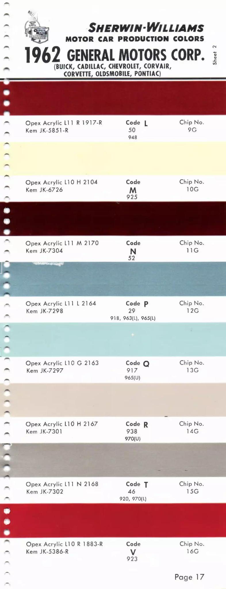 1962 General Motors Buick, Cadillac, Chevrolet, Oldsmobile & Pontiac Paint Codes & Color Chart Paint color examples, their ordering codes, the oem color code, and vehicles the color was used on