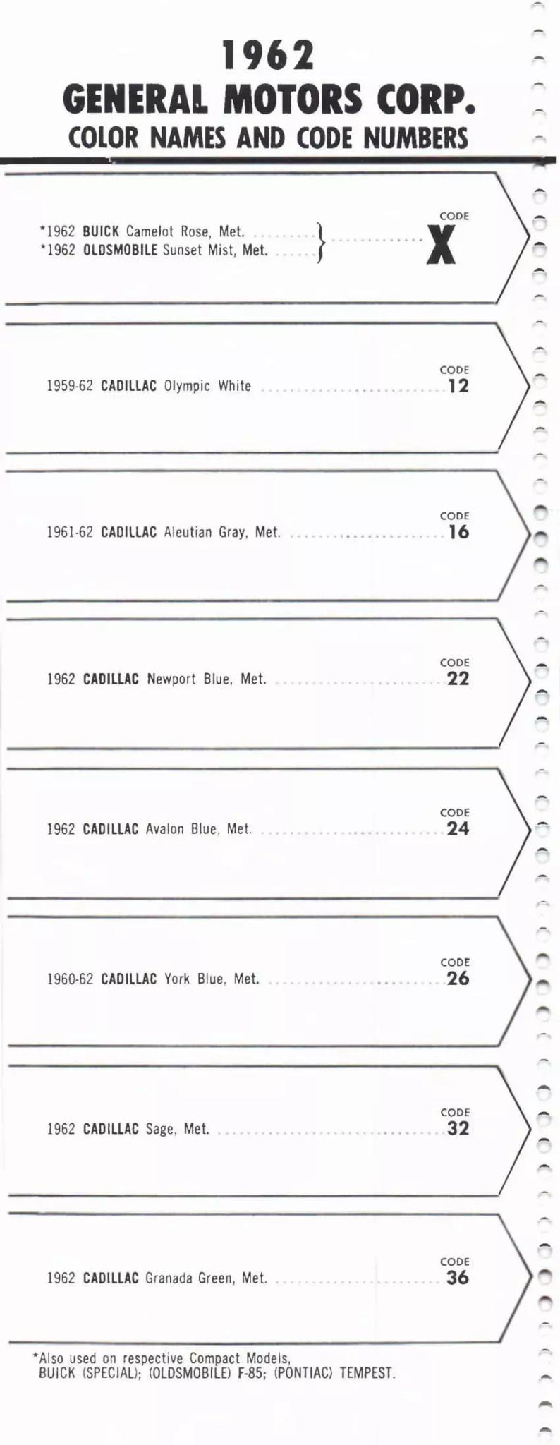 1962 General Motors Buick, Cadillac, Chevrolet, Oldsmobile & Pontiac Paint Codes & Color Chart Paint color examples, their ordering codes, the oem color code, and vehicles the color was used on