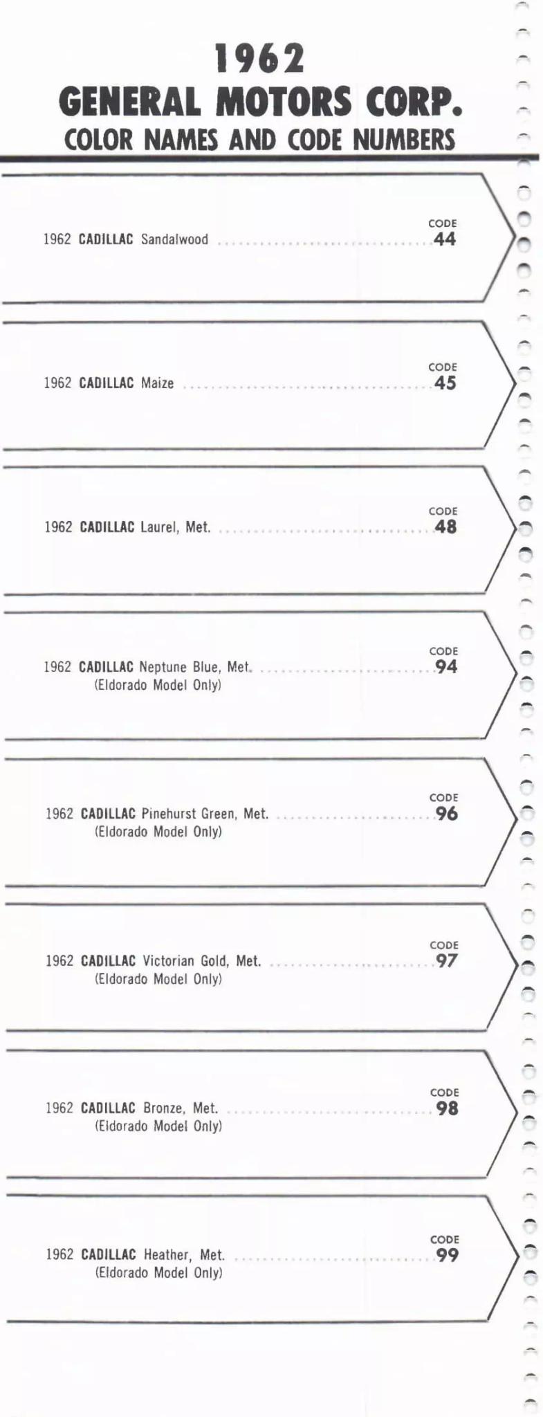 1962 General Motors Buick, Cadillac, Chevrolet, Oldsmobile & Pontiac Paint Codes & Color Chart Paint color examples, their ordering codes, the oem color code, and vehicles the color was used on