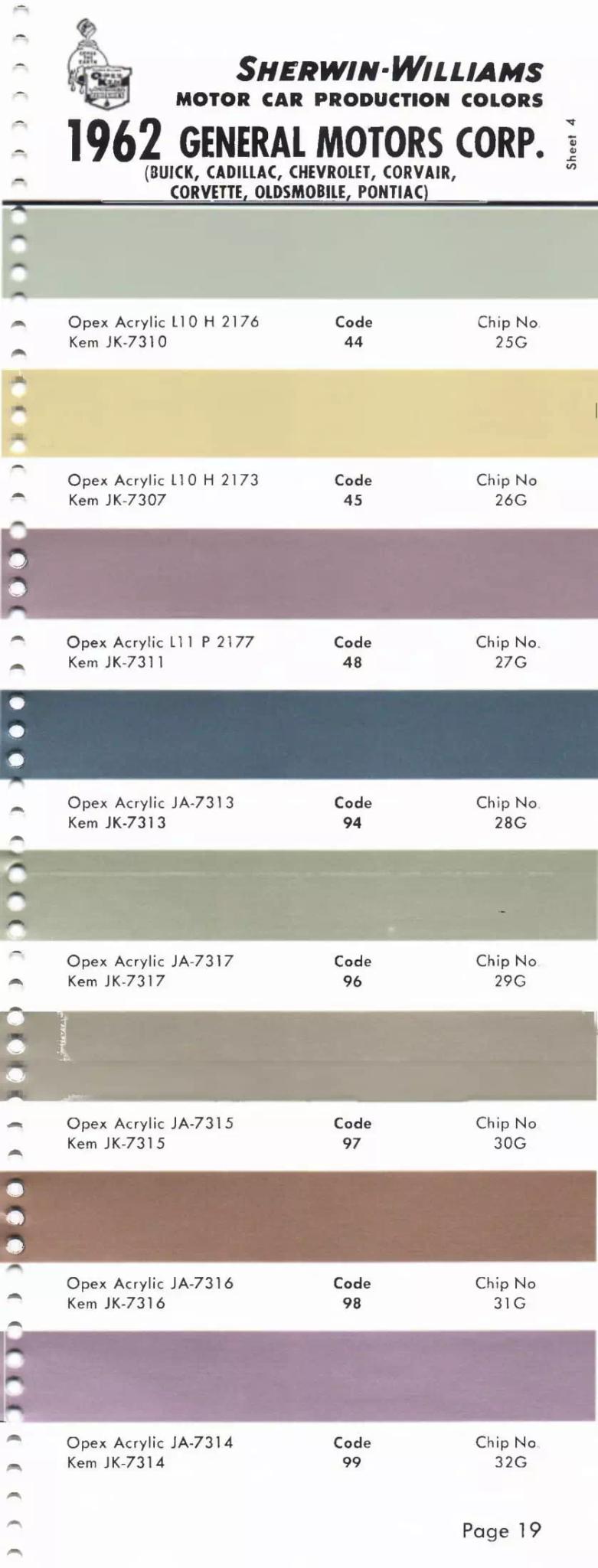 1962 General Motors Buick, Cadillac, Chevrolet, Oldsmobile & Pontiac Paint Codes & Color Chart Paint color examples, their ordering codes, the oem color code, and vehicles the color was used on