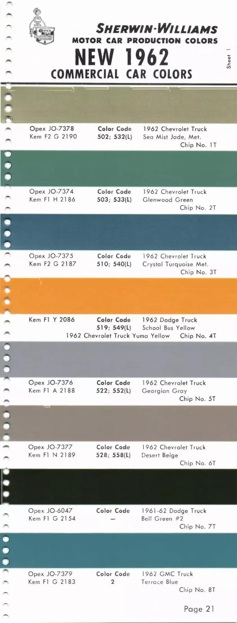 1962 Chevrolet Truck, Dodge Truck & Ford Truck Paint Codes and Color Chart Paint color examples, their ordering codes, the oem color code, and vehicles the color was used on