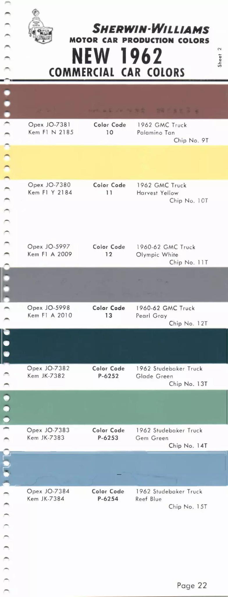 1962 Studebaker & GMC Truck Paint Codes and Color Chart Paint color examples, their ordering codes, the oem color code, and vehicles the color was used on