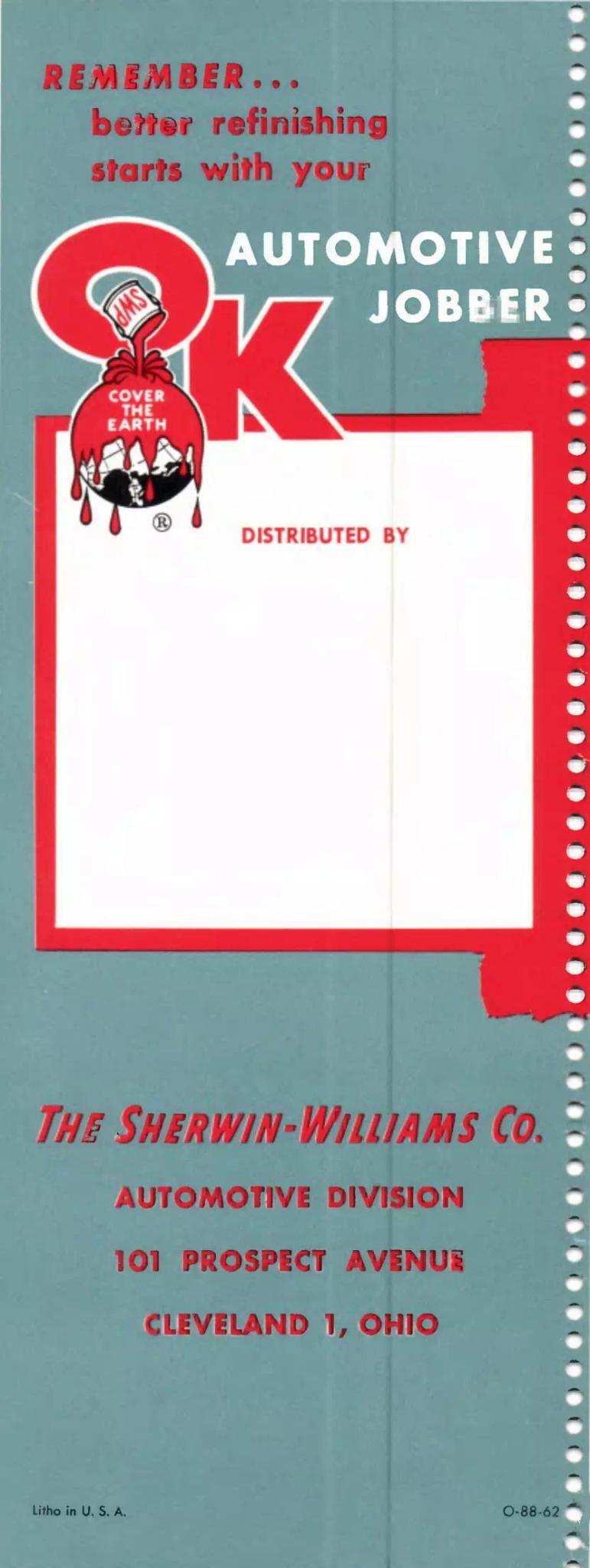 1962 Sherwin Williams Back cover Paint color examples, their ordering codes, the oem color code, and vehicles the color was used on