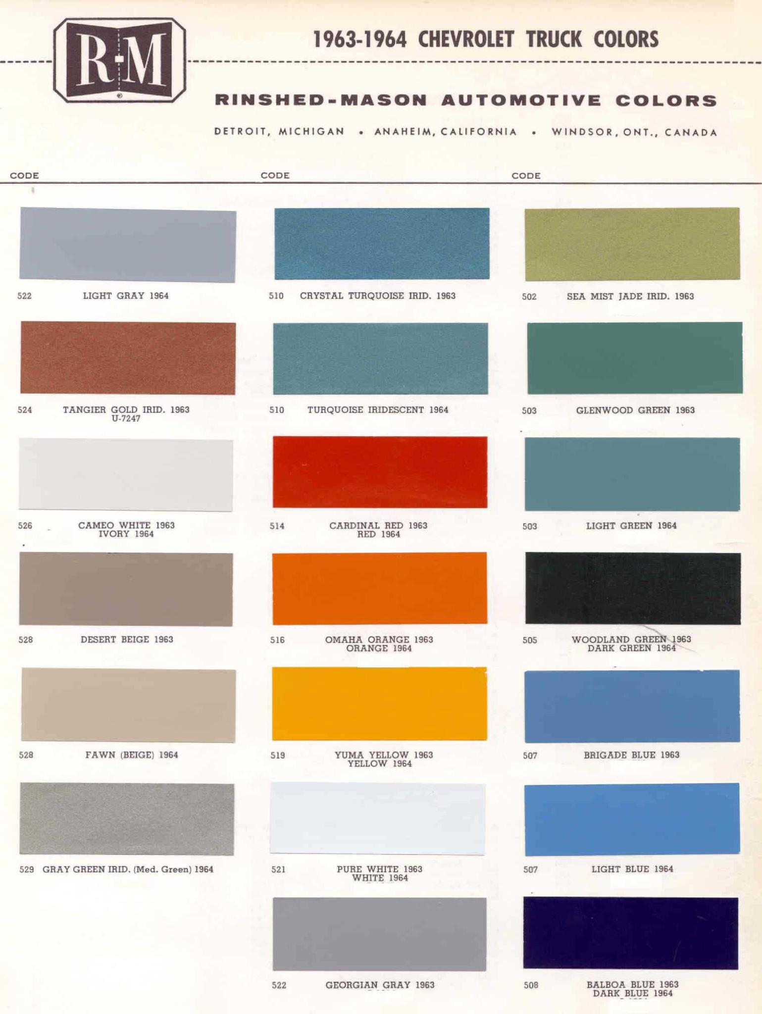 Paint color examples, their ordering codes, the oem color code, and vehicles the color was used on