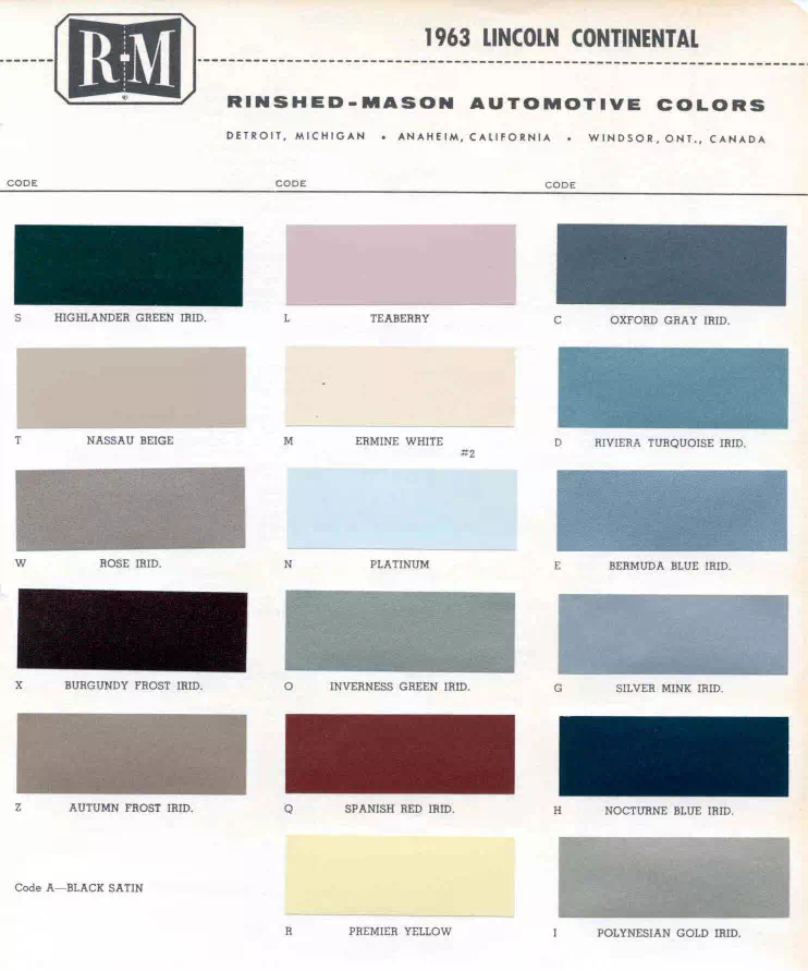 Color examples, Ordering Codes, OEM Paint Code, Color Swatches, and Color Names for the Ford Motor Company in 1963