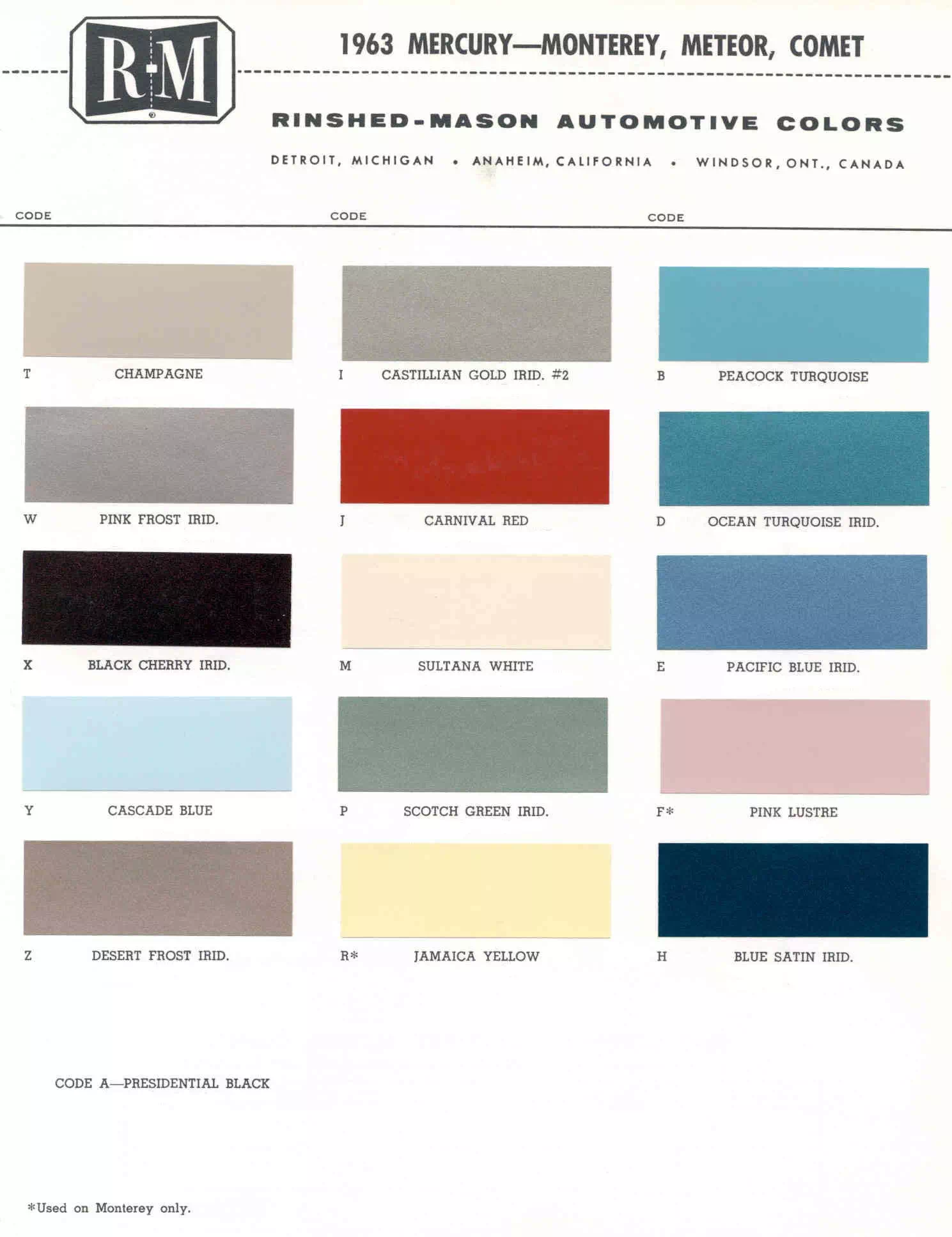 Color examples, Ordering Codes, OEM Paint Code, Color Swatches, and Color Names for the Ford Motor Company in 1963