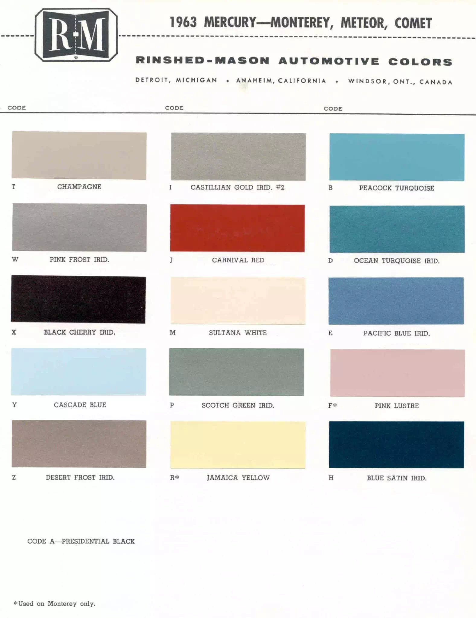 1963 Mercury Paint Chart and Paint Codes Color examaples and the codes to look them up to get touch up paint or respray for Mercury Vehicles