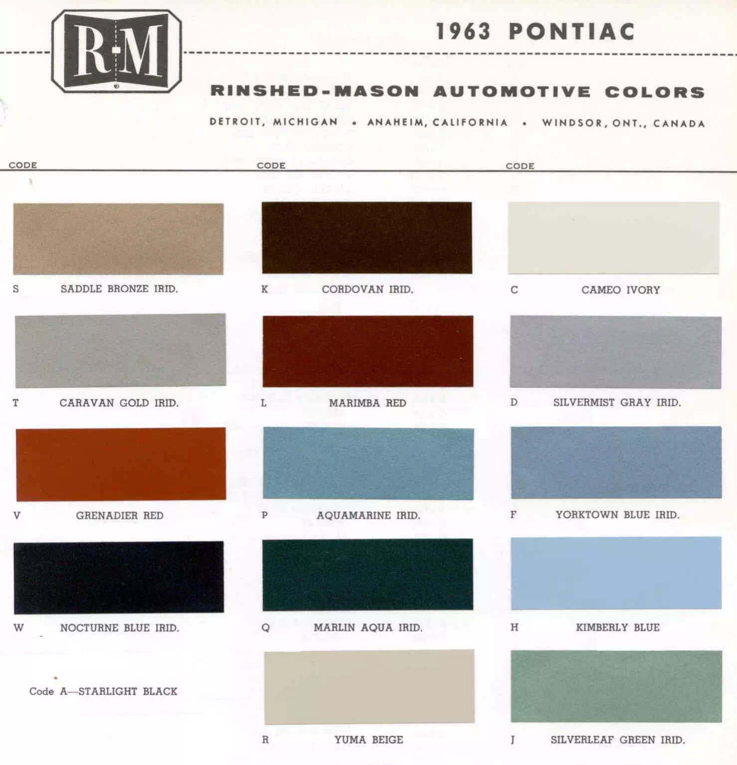 Chart that shows the Colors used on Pontiac Vehicles and the Code to look them up.