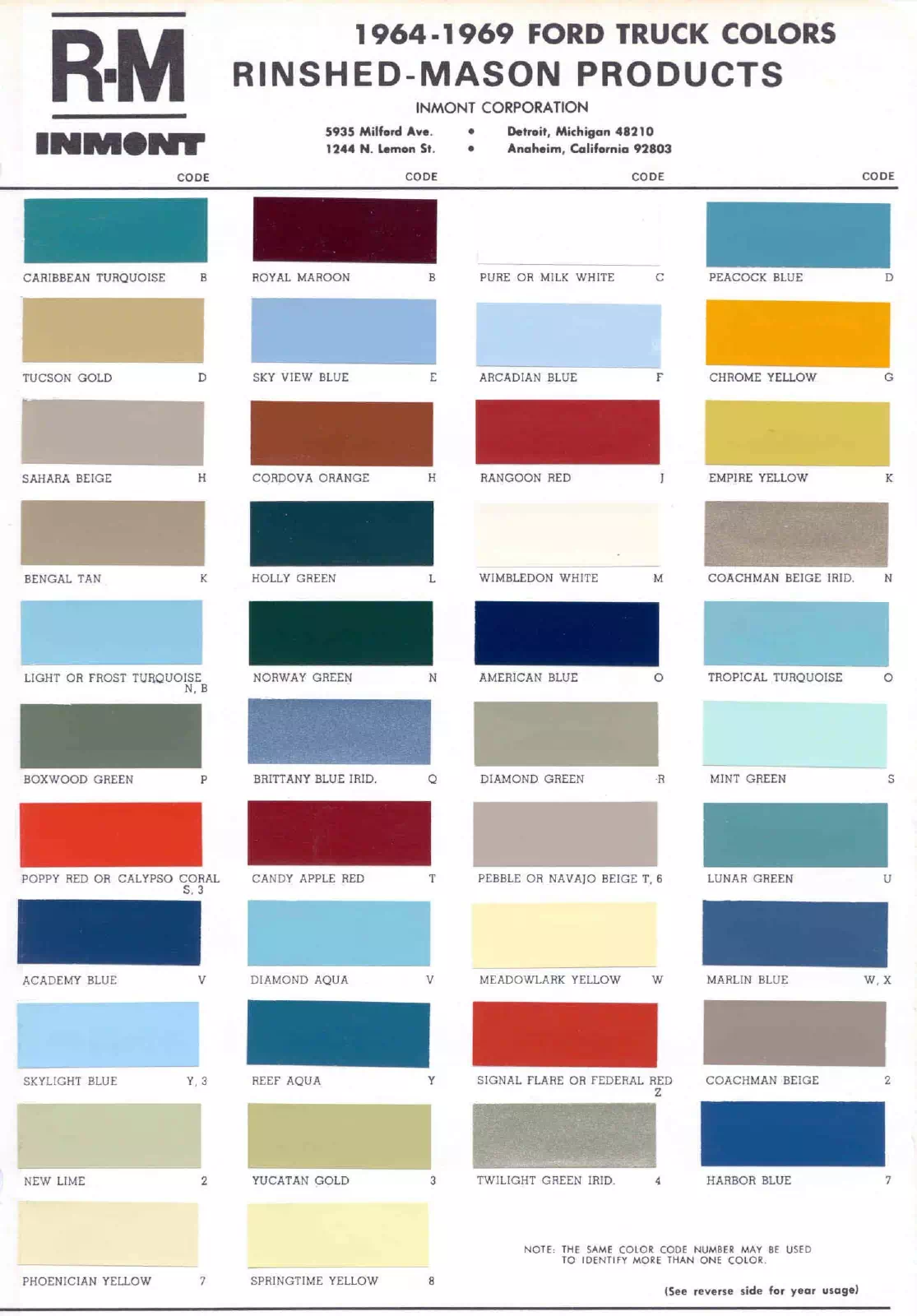 Paint color examples, their ordering codes, the oem color code, and vehicles the color was used on