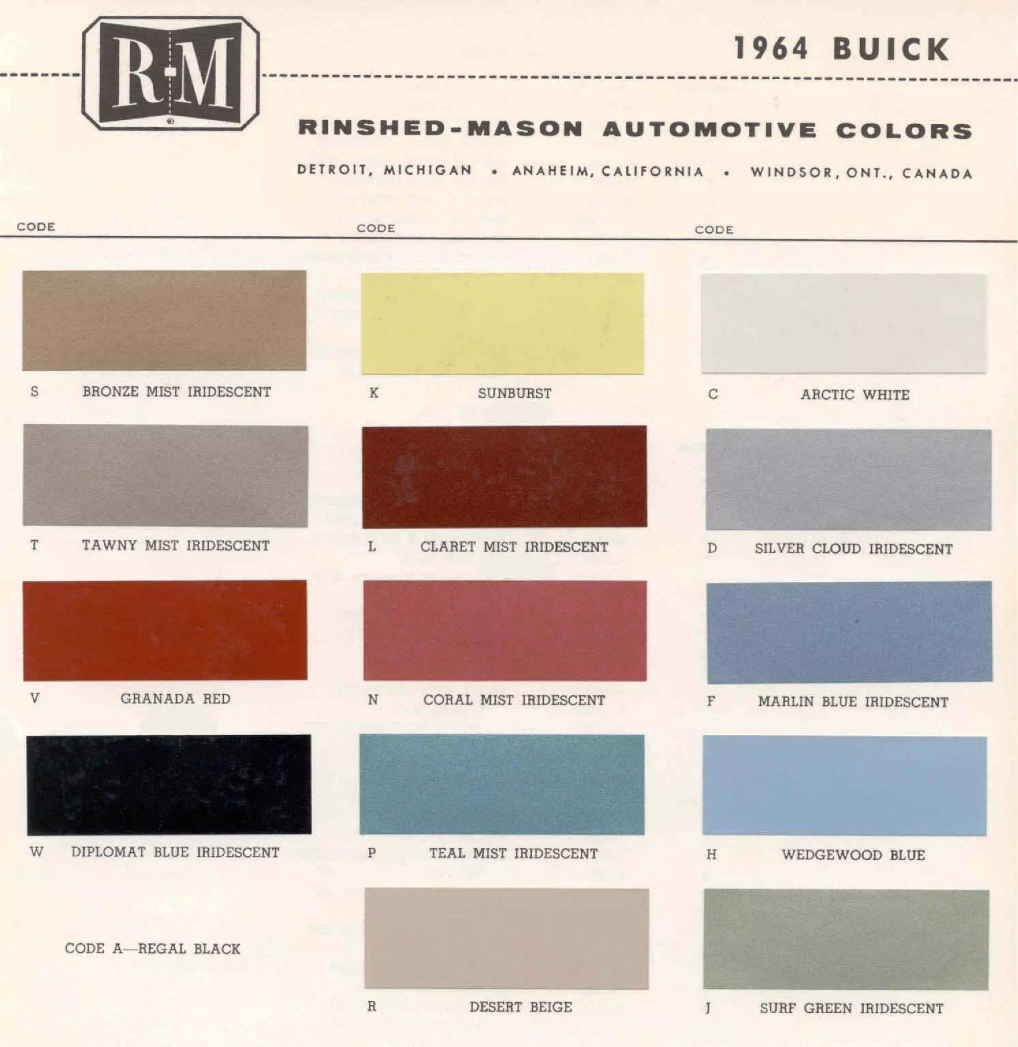 Buick color chart that contains color codes and paint swatches for the exterior color of a Buick vehicle.