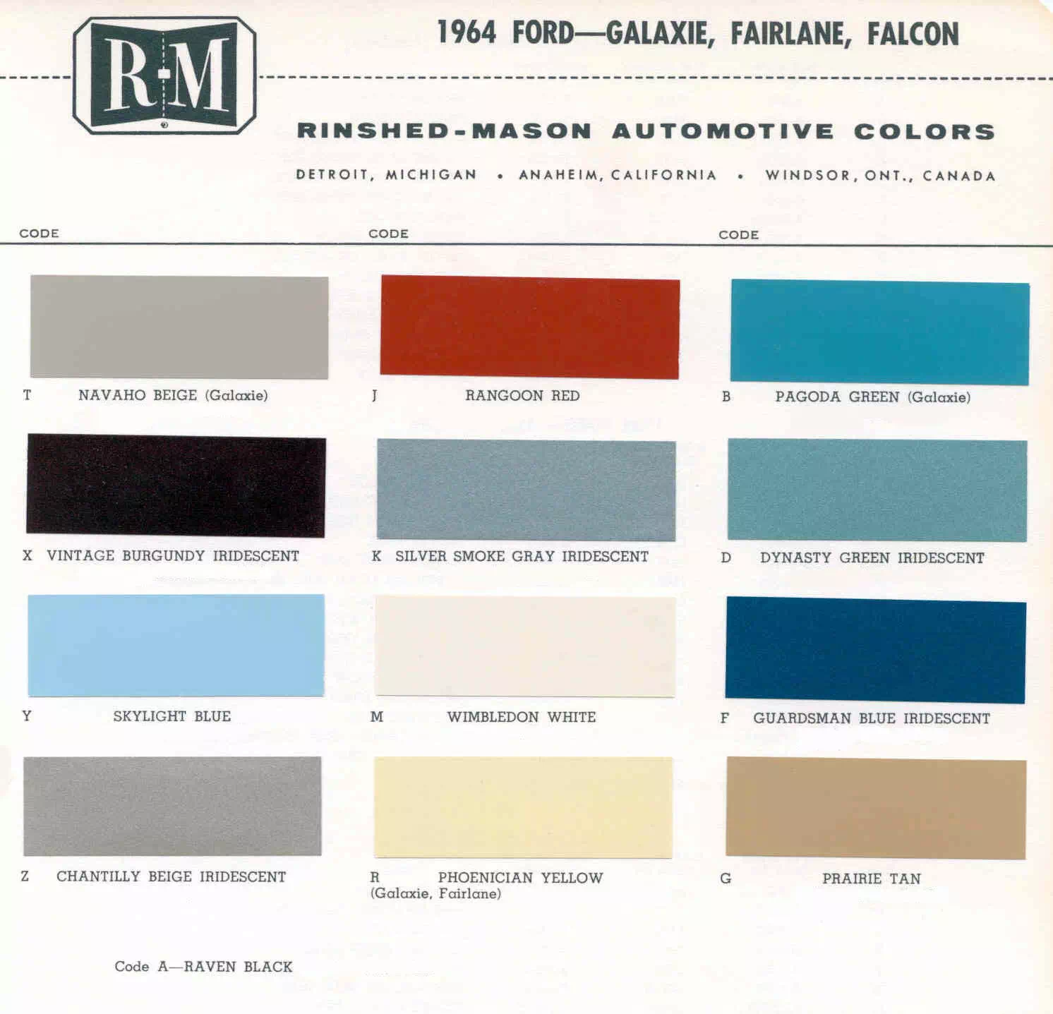 Color examples, Ordering Codes, OEM Paint Code, Color Swatches, and Color Names for the Ford Motor Company in 1964