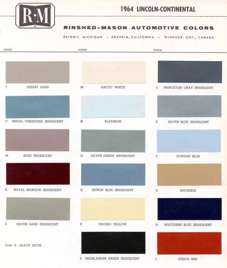 Color examples, Ordering Codes, OEM Paint Code, Color Swatches, and Color Names for the Ford Motor Company in 1964