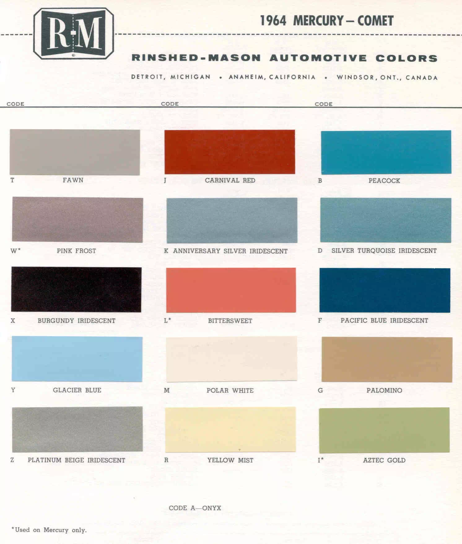1964 Mercury Paint Codes & Color Chart Color examples, Ordering Codes, OEM Paint Code, Color Swatches, and Color Names for the Ford Motor Company in 1964