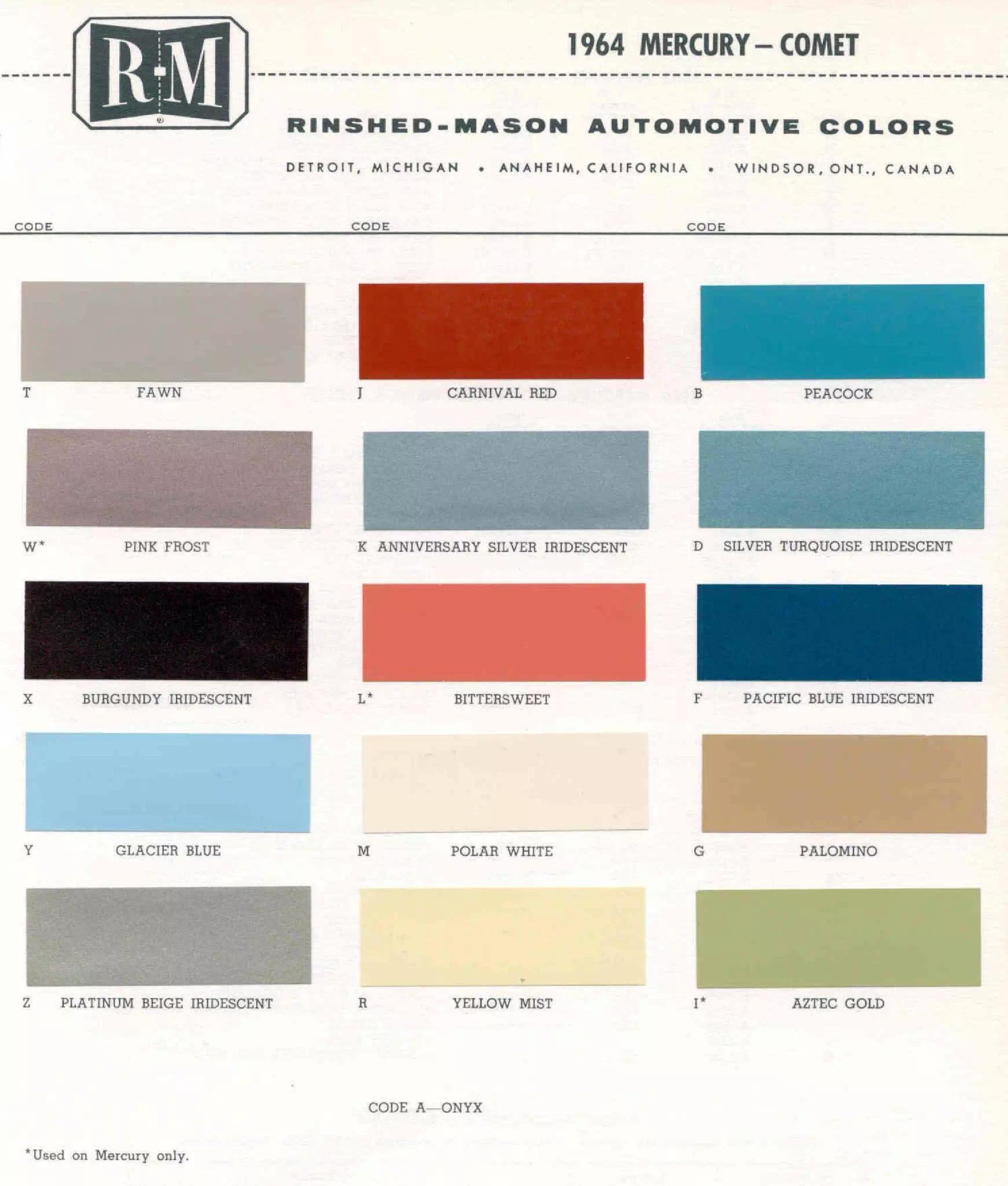 1964 Mercury Paint Chart and Paint Codes Color examaples and the codes to look them up to get touch up paint or respray for Mercury Vehicles