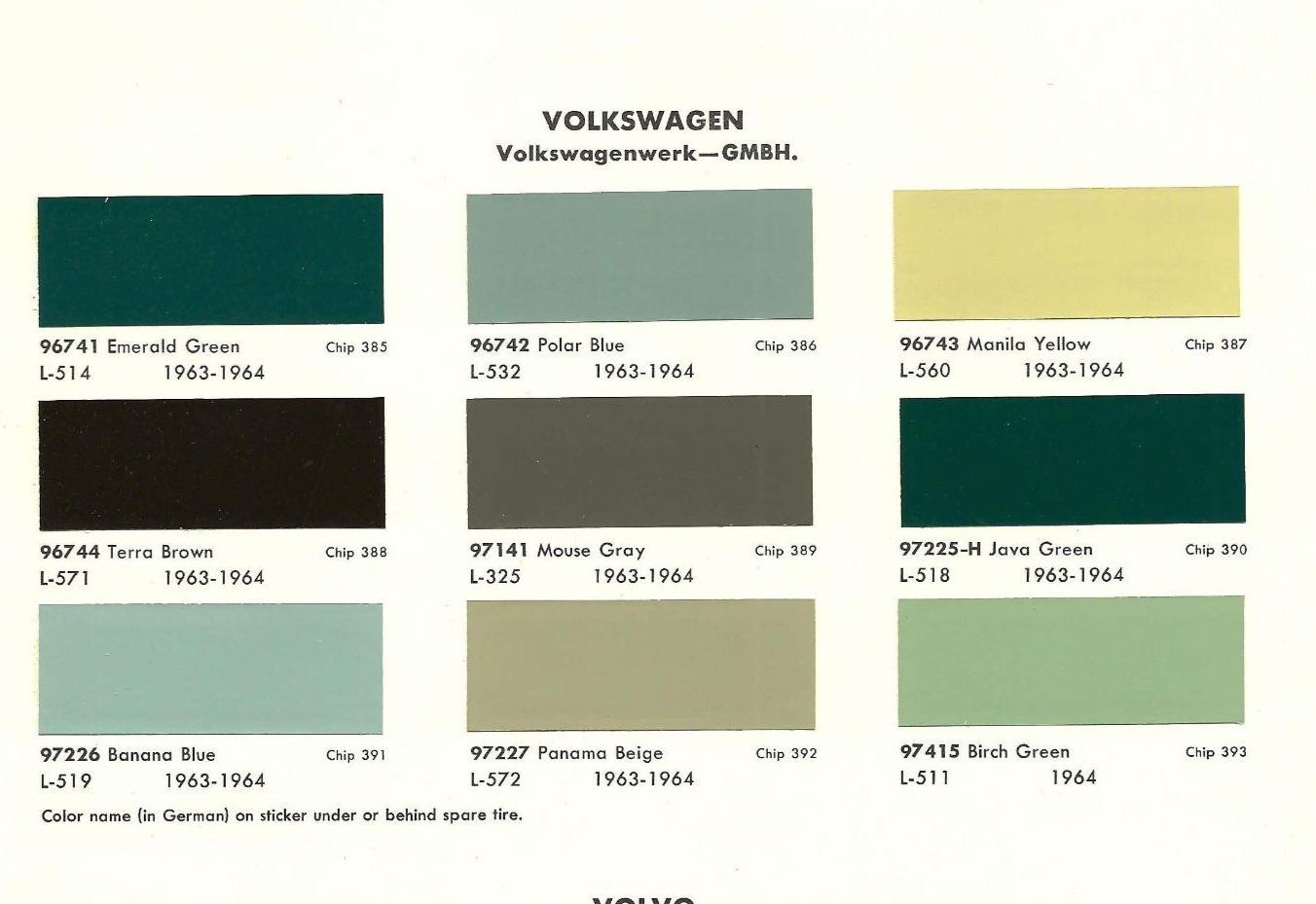1964 VW Paint Codes 1965
