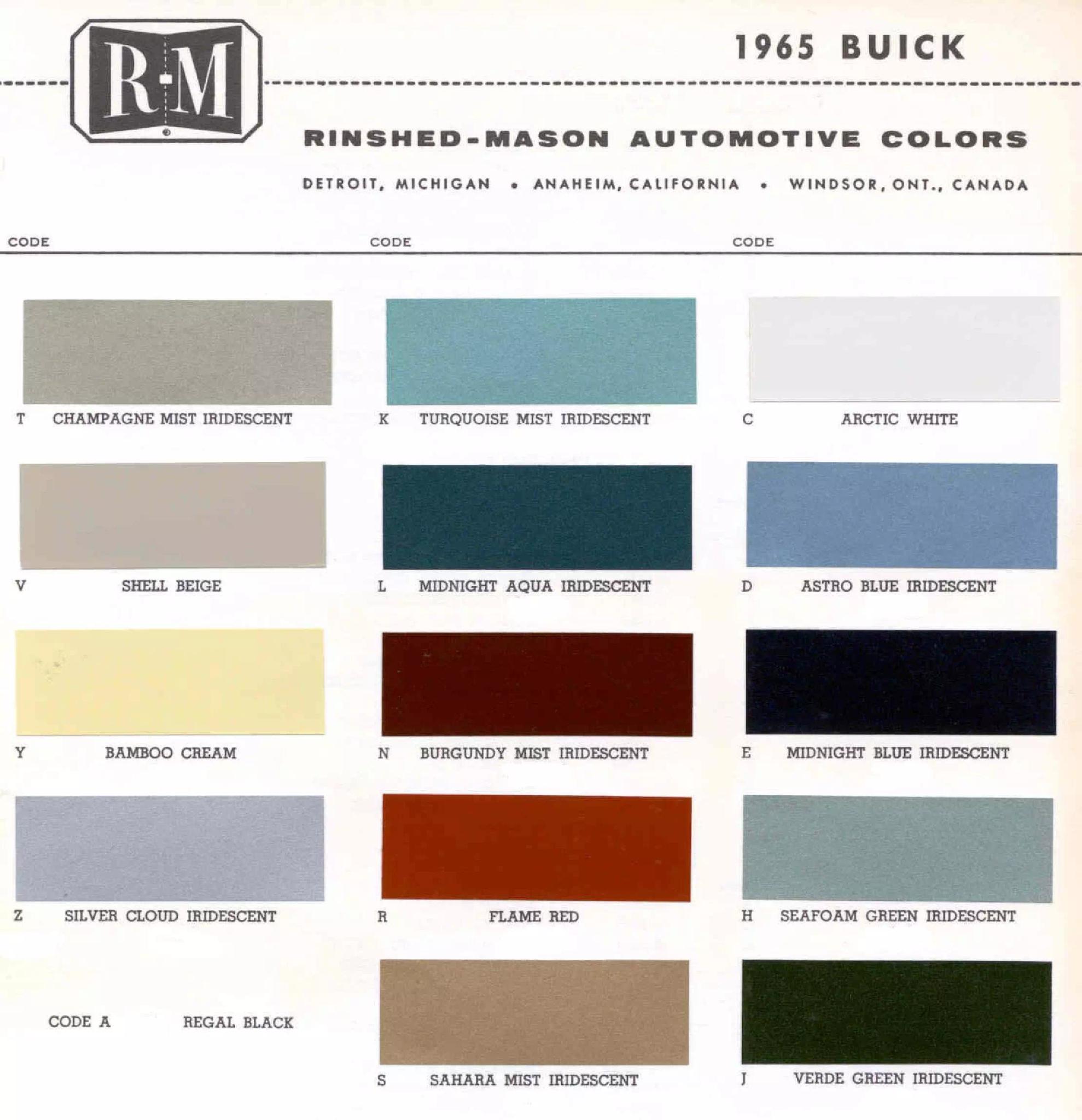1965 Buick Paint Chart Buick color chart that contains color codes and paint swatches for the exterior color of a Buick vehicle.