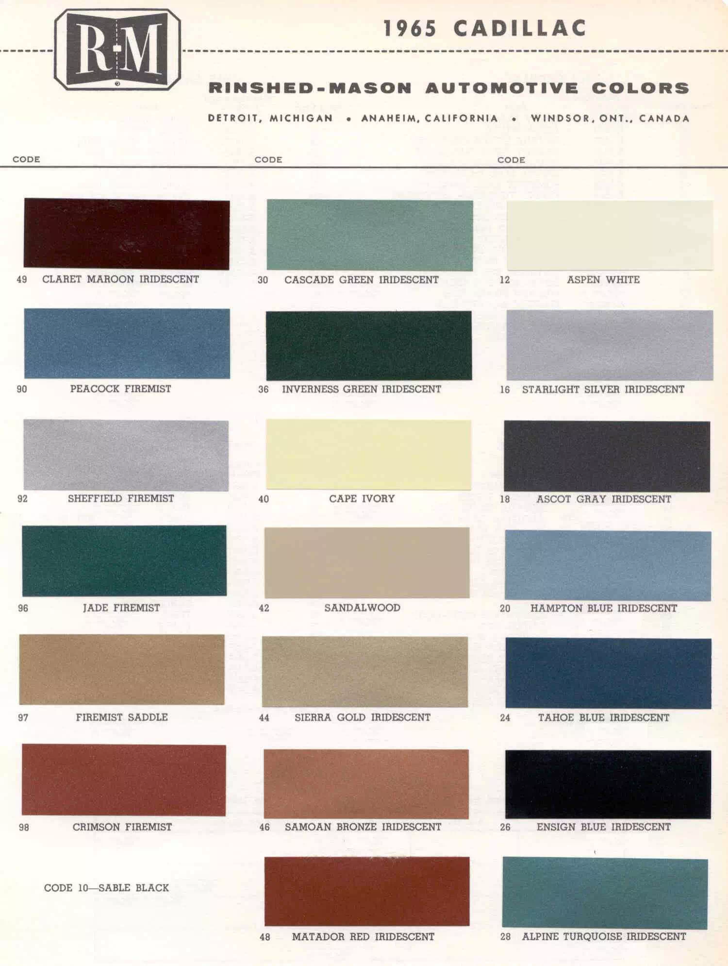 Color Examples and their codes for Cadillac Vehicles