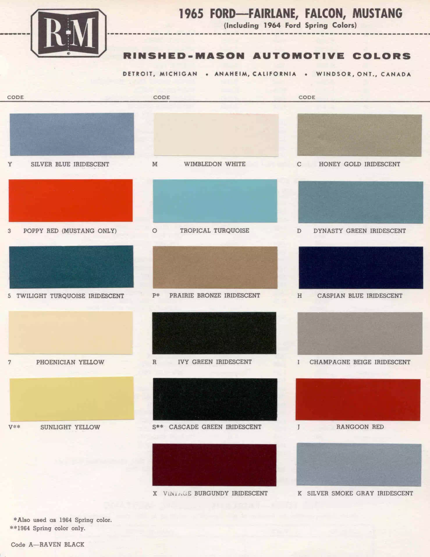 Color examples, Ordering Codes, OEM Paint Code, Color Swatches, and Color Names for the Ford Motor Company in 1965