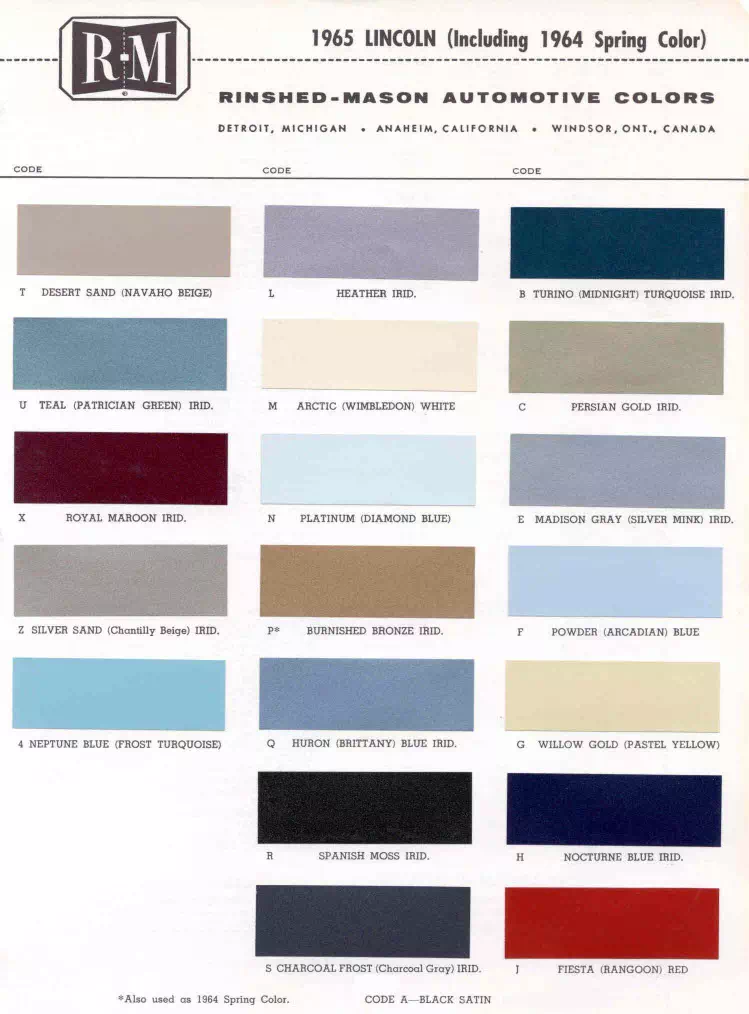 Color examples, Ordering Codes, OEM Paint Code, Color Swatches, and Color Names for the Ford Motor Company in 1965