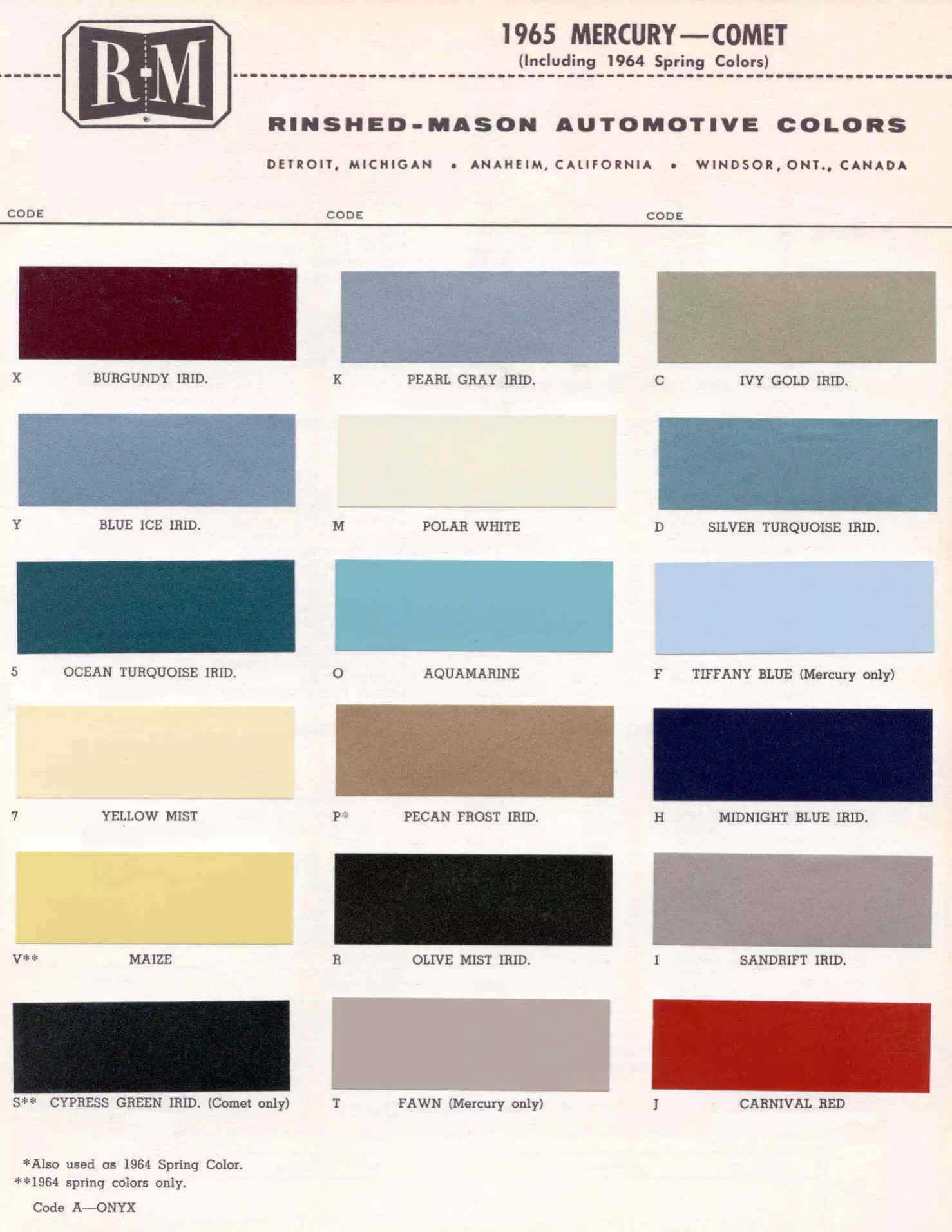 1965 Mercury Paint Codes & Color Chart Color examples, Ordering Codes, OEM Paint Code, Color Swatches, and Color Names for the Ford Motor Company in 1965
