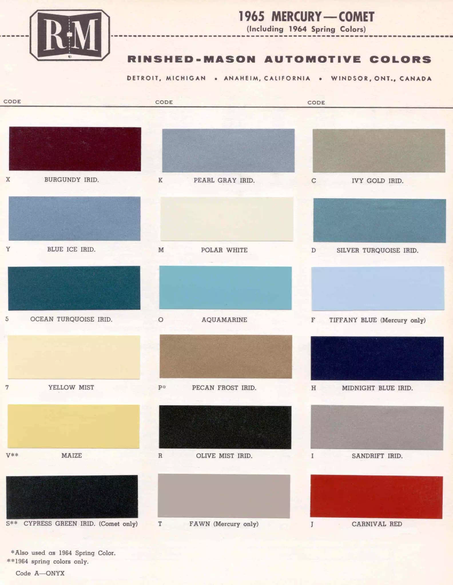 1965 Mercury Paint Chart and Paint Codes Color examaples and the codes to look them up to get touch up paint or respray for Mercury Vehicles