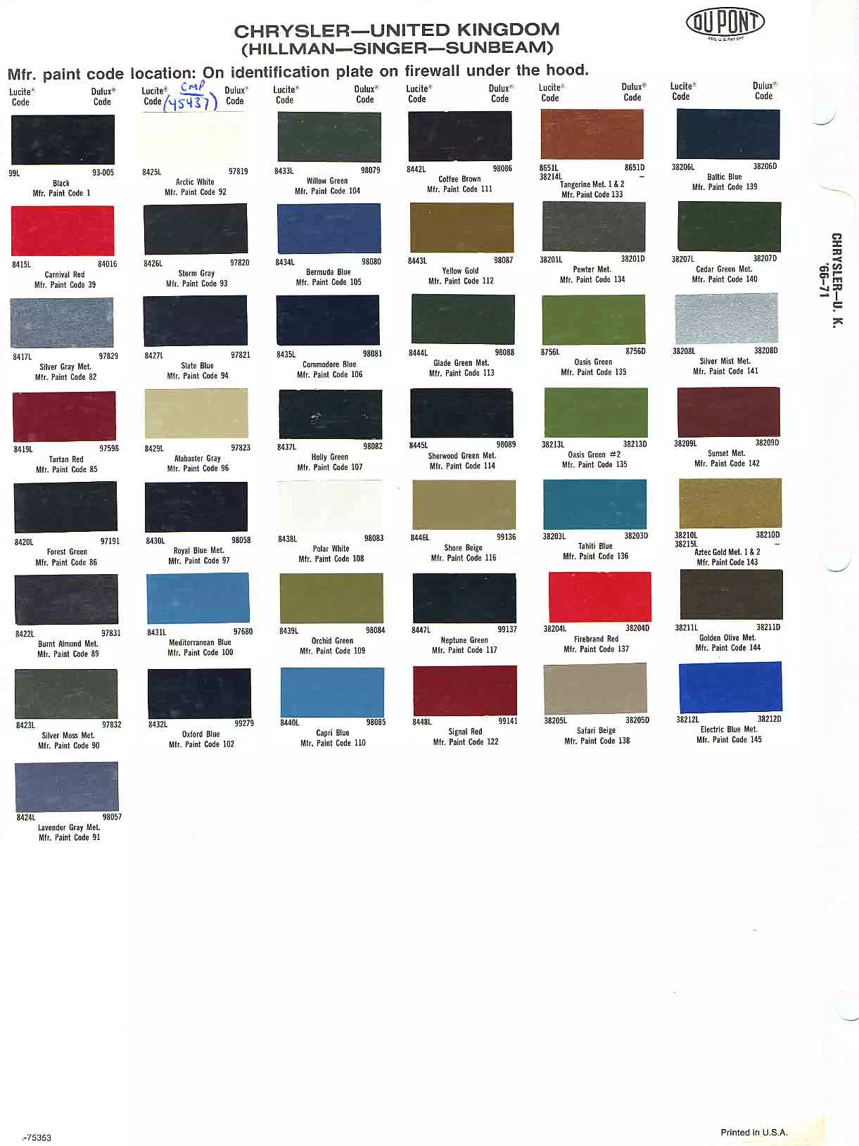 1966-1971 Chrysler Import Paint Codes & Color Chart
