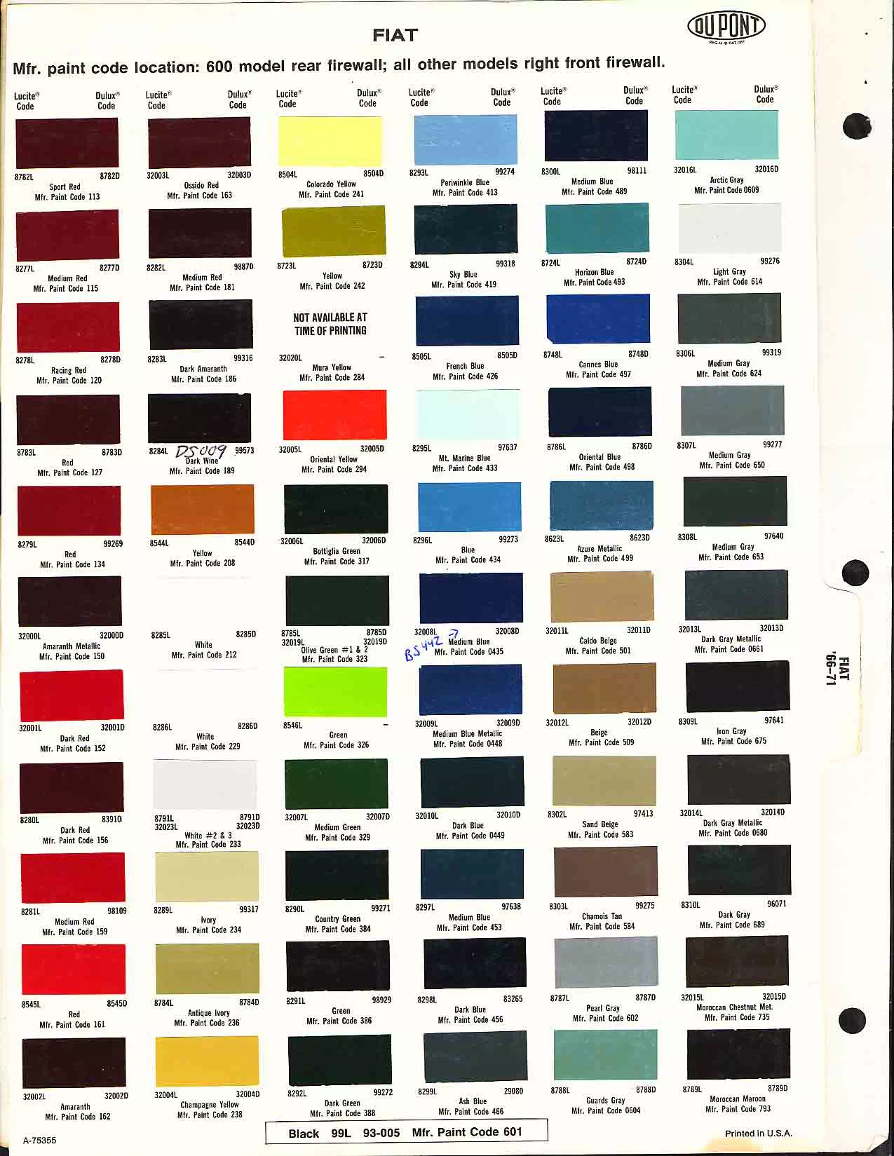 Paint color examples, their ordering codes, the oem color code, and vehicles the color was used on