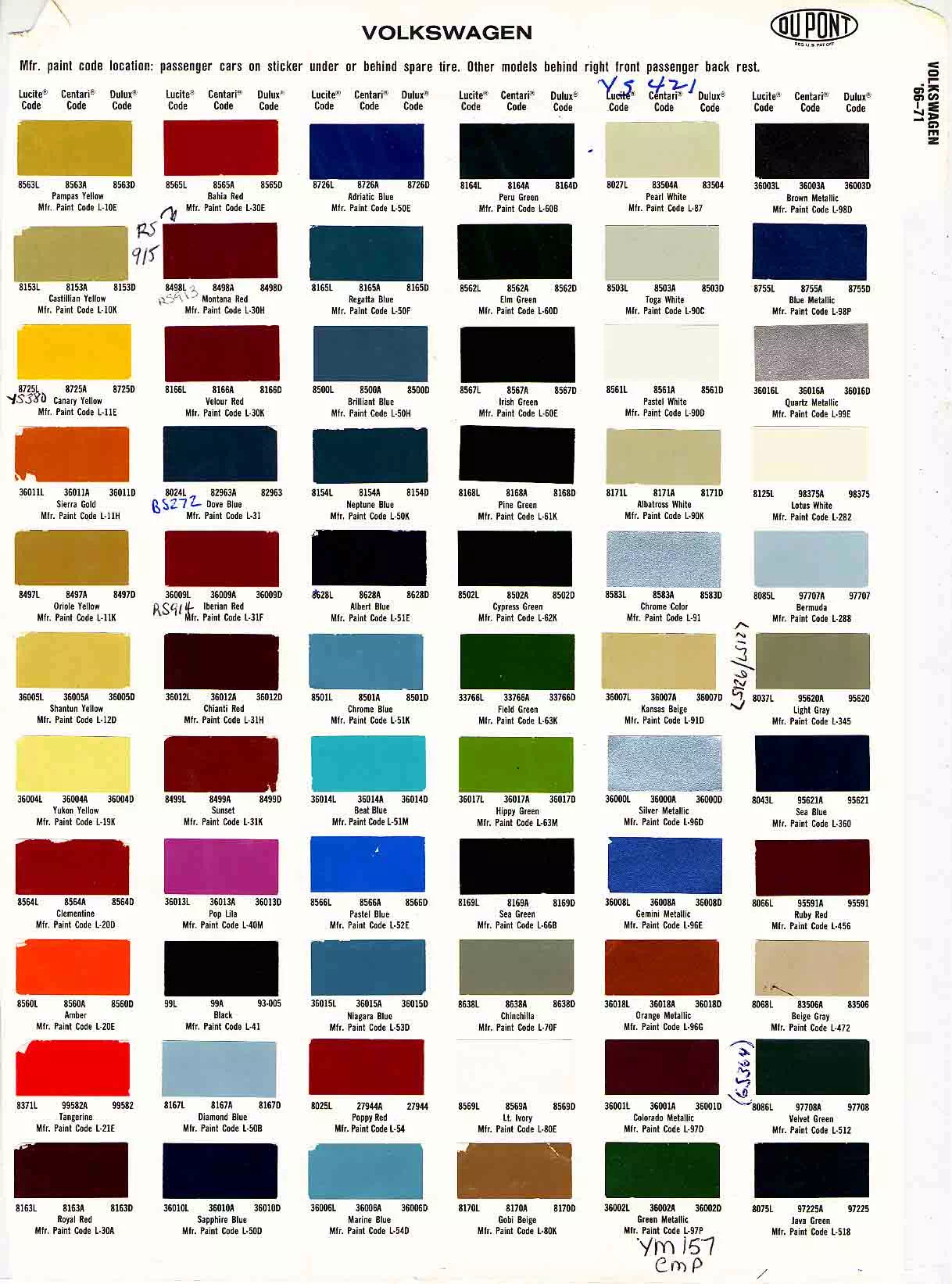 Paint color examples, their ordering codes, the oem color code, and vehicles the color was used on