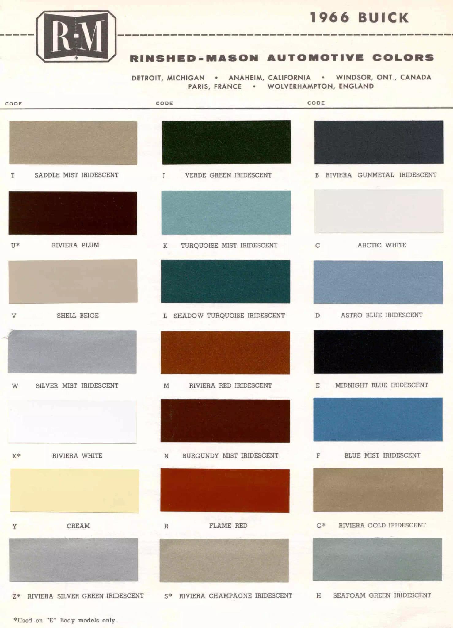 Buick color chart that contains color codes and paint swatches for the exterior color of a Buick vehicle.