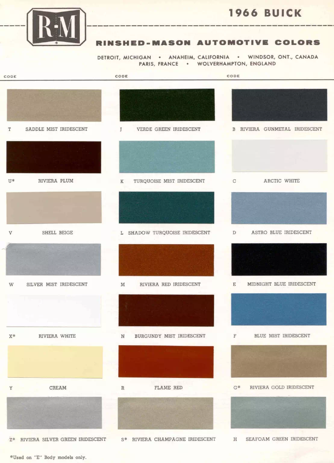 1966 Buick Paint Codes & Color Chart Paint color examples, their ordering codes, the oem color code, and vehicles the color was used on