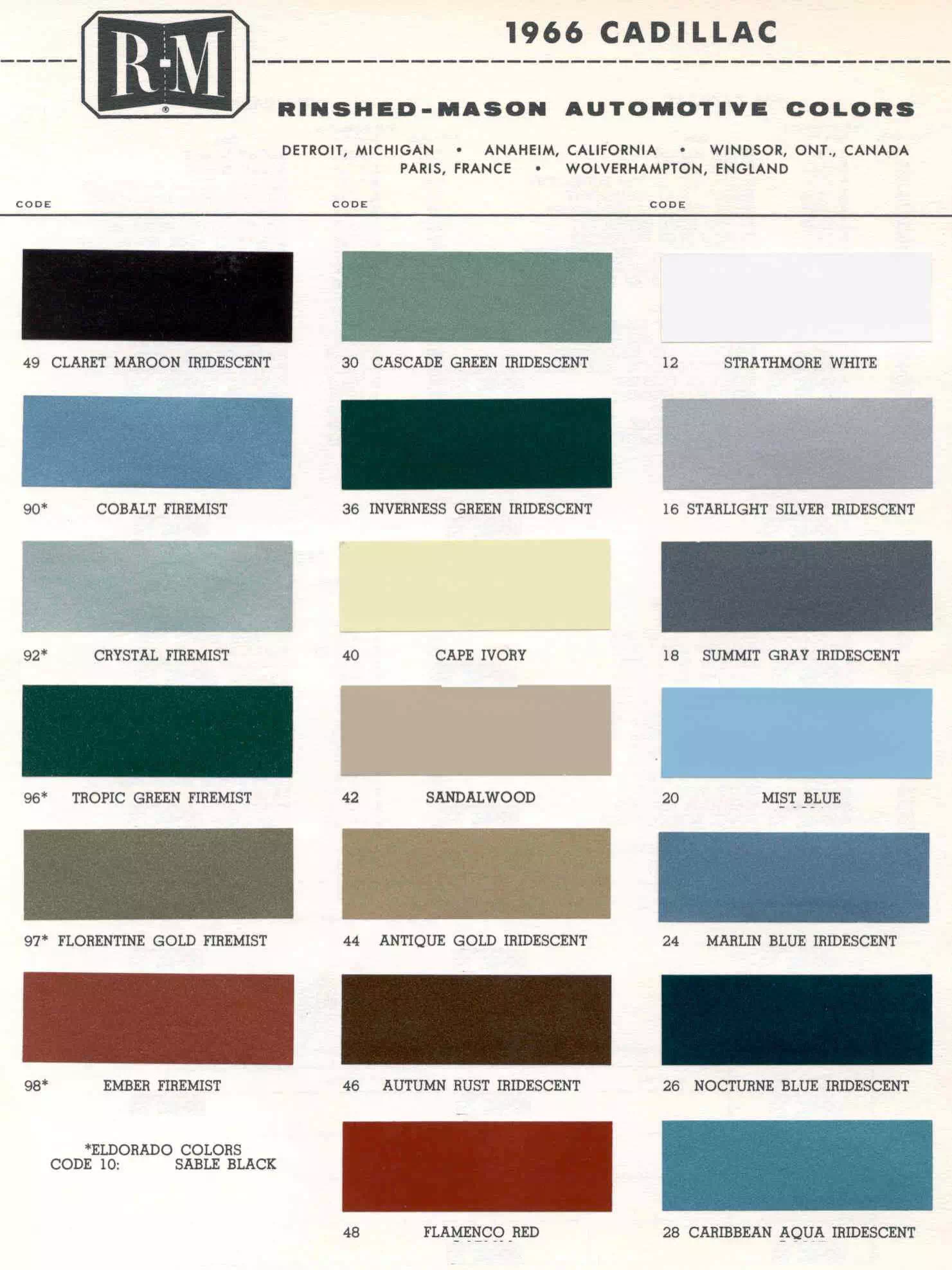 Color Examples and their codes for Cadillac Vehicles