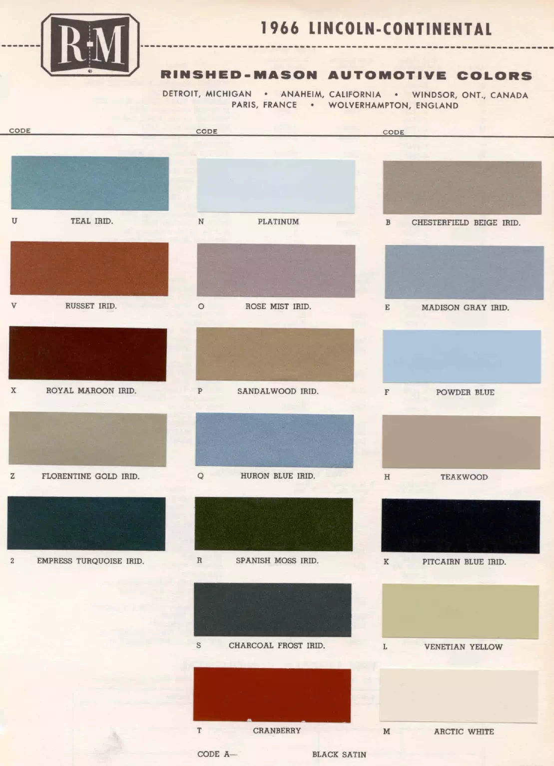 1966 Lincoln Paint Codes & Color Chart Paint color examples, their ordering codes, the oem color code, and vehicles the color was used on