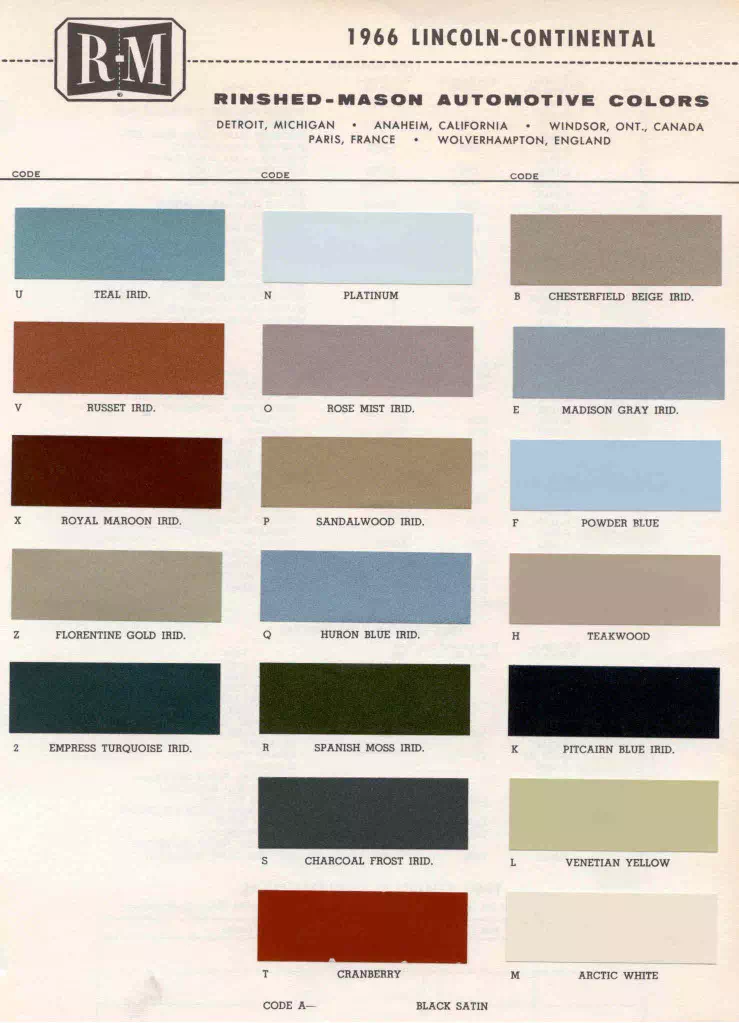 1966 Lincoln Paint Codes & Color Chart Color examples, Ordering Codes, OEM Paint Code, Color Swatches, and Color Names for the Ford Motor Company in 1966