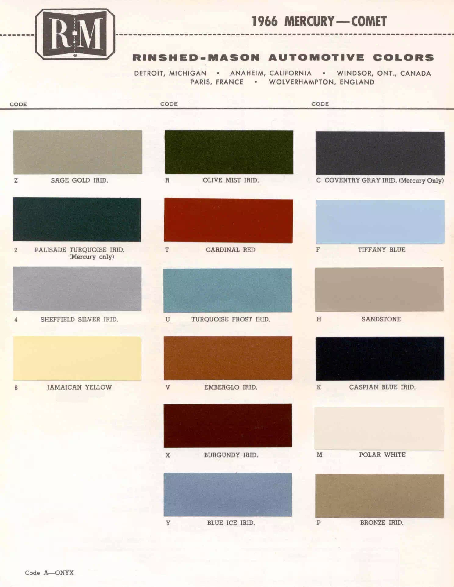 1966 Mercury Paint Codes & Color Chart Color examples, Ordering Codes, OEM Paint Code, Color Swatches, and Color Names for the Ford Motor Company in 1966