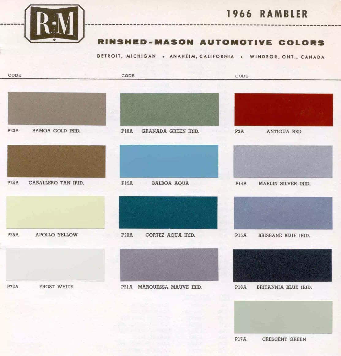 1966 Rambler Paint Codes & Color Chart Paint color examples, their ordering codes, the oem color code, and vehicles the color was used on
