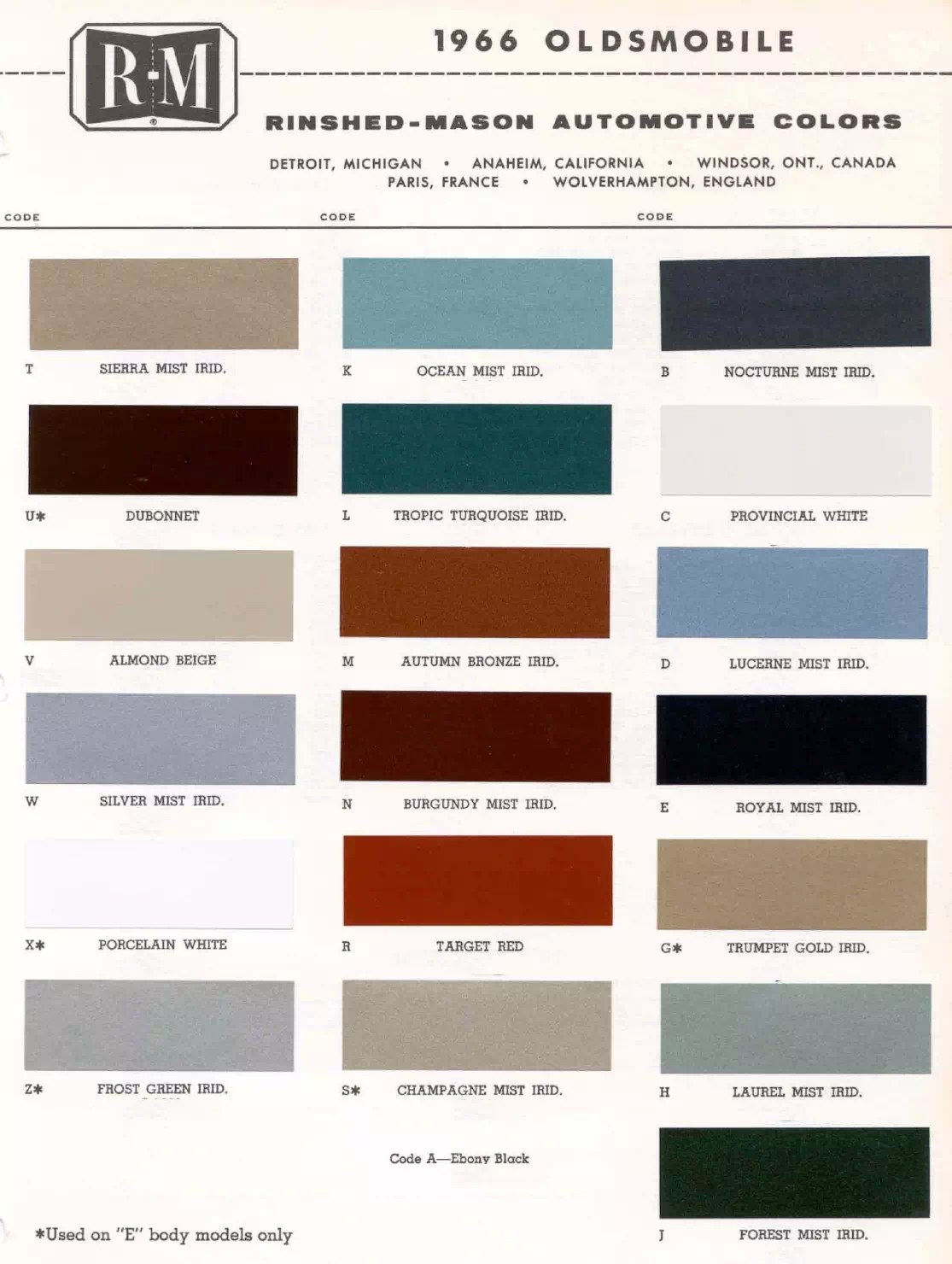 1966 Oldsmobile Paint Codes & Color Chart Paint color examples, their ordering codes, the oem color code, and vehicles the color was used on