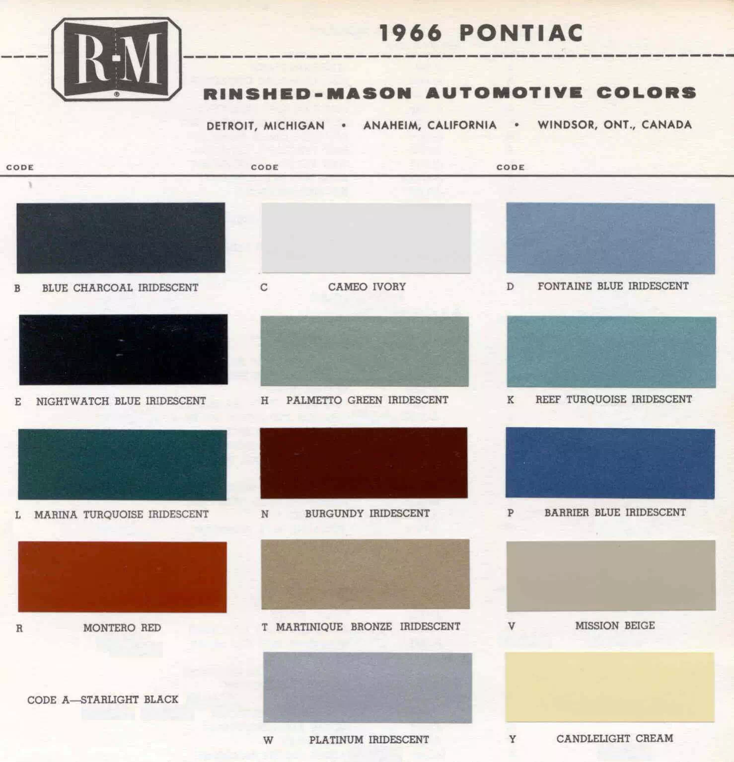 1966 General Motors GM Paint Codes and color examples