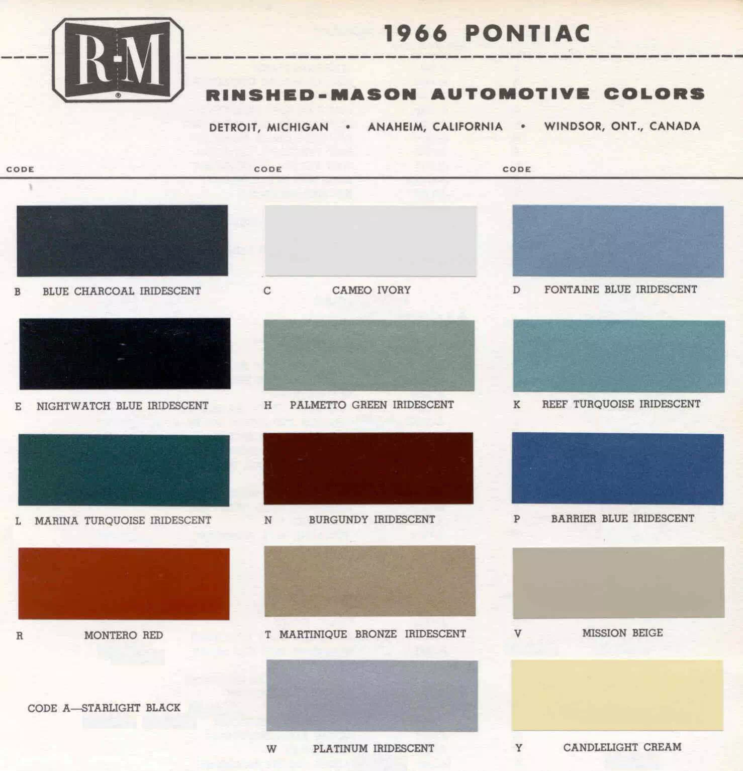 Chart that shows the Colors used on Pontiac Vehicles and the Code to look them up.