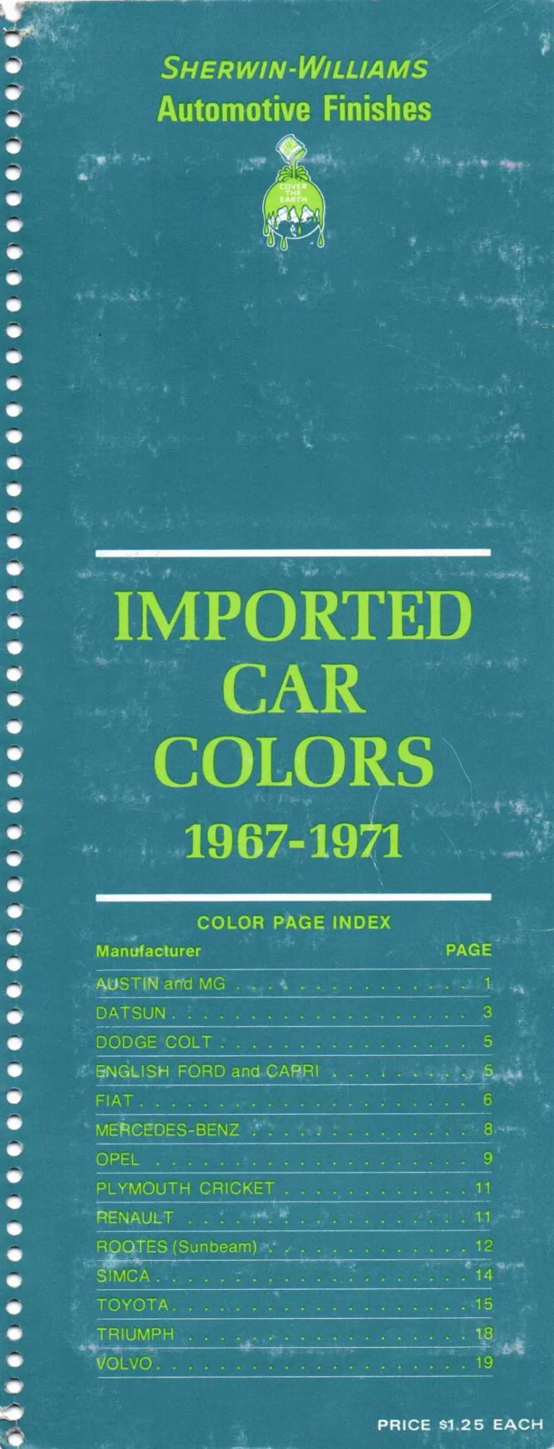 1967-1971 Front Cover Page Paint color examples, their ordering codes, the oem color code, and vehicles the color was used on
