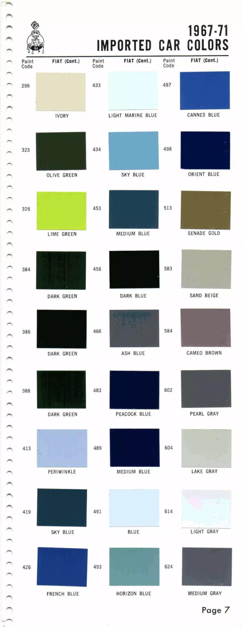 1967-1971 Fiat Paint Codes & Color Chart Paint color examples, their ordering codes, the oem color code, and vehicles the color was used on