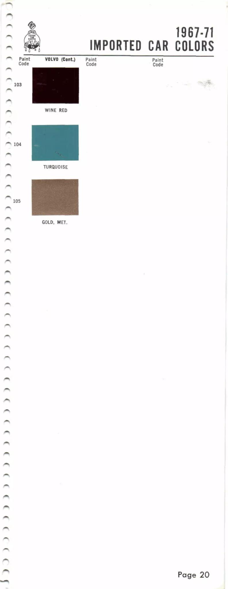 1967-1971 Volvo Paint Codes & Color Chart Paint color examples, their ordering codes, the oem color code, and vehicles the color was used on