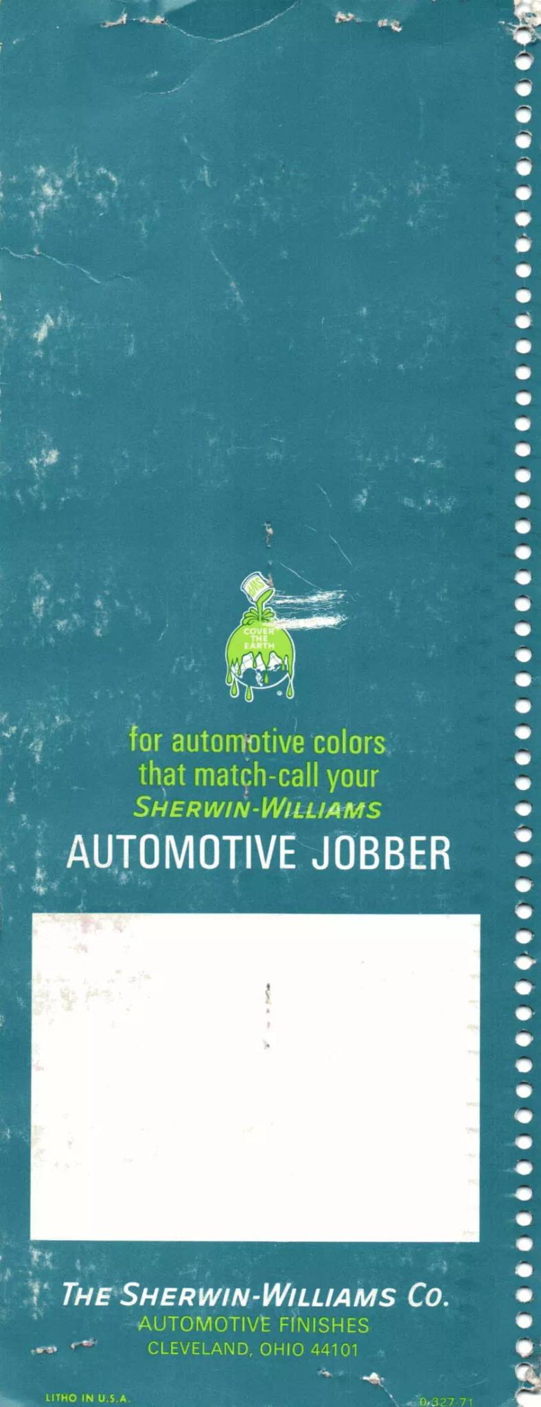 1967-1971 Paint Code Book Back Cover Paint color examples, their ordering codes, the oem color code, and vehicles the color was used on