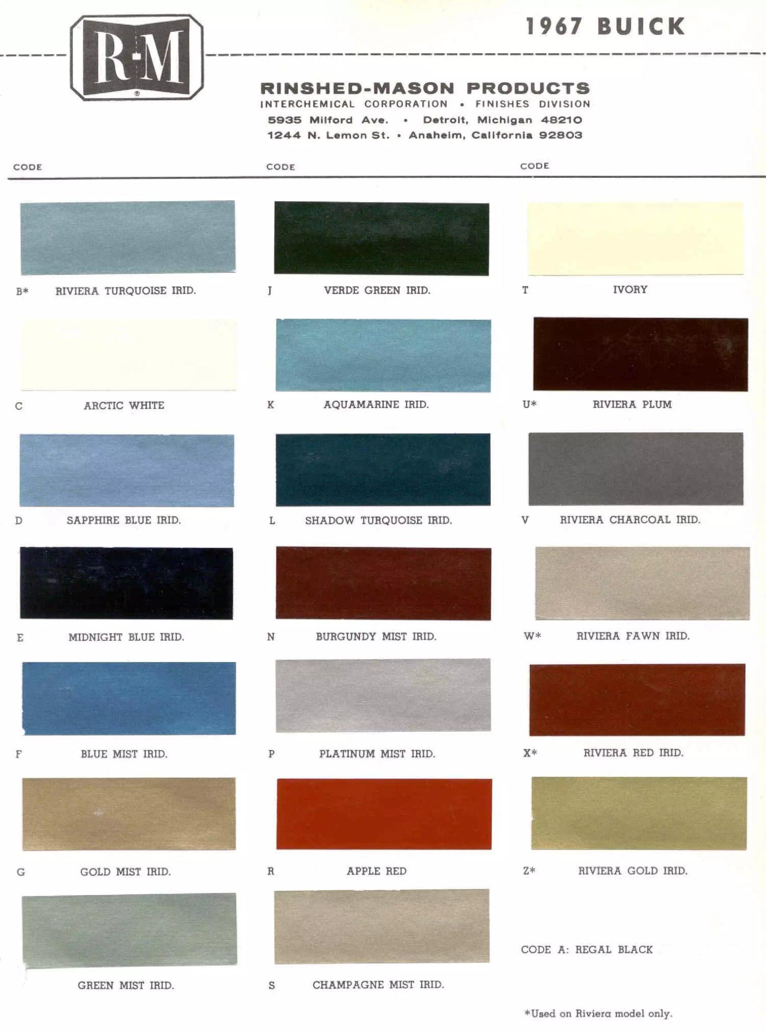 1967 Buick Paint Chart Buick color chart that contains color codes and paint swatches for the exterior color of a Buick vehicle.