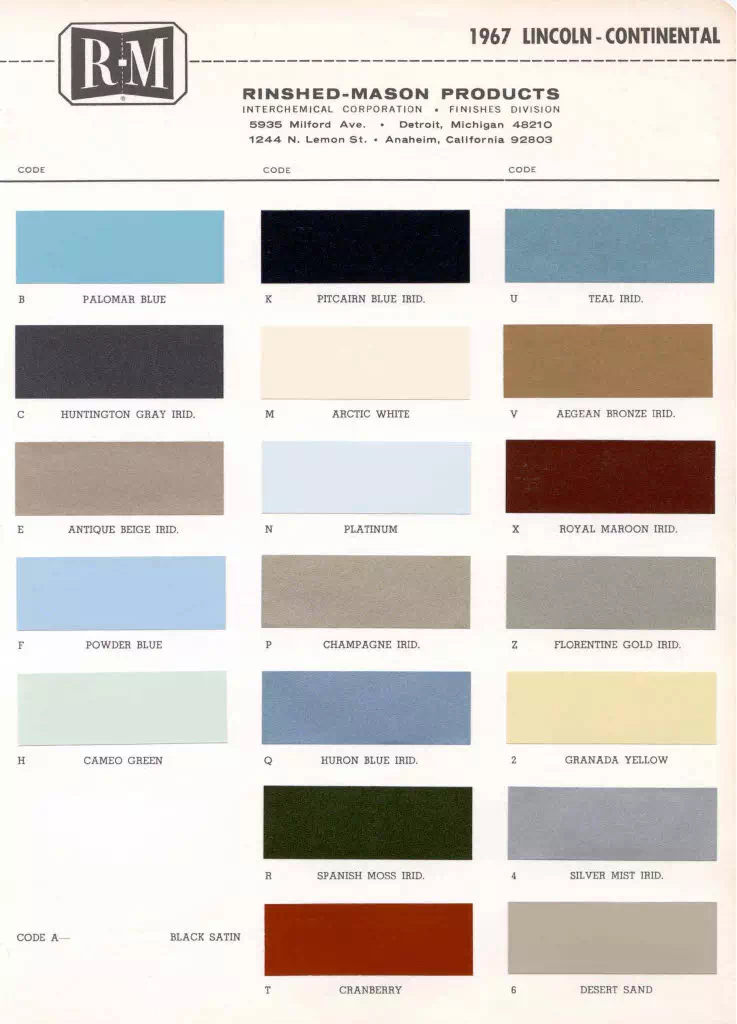 Color examples, Ordering Codes, OEM Paint Code, Color Swatches, and Color Names for the Ford Motor Company in 1967