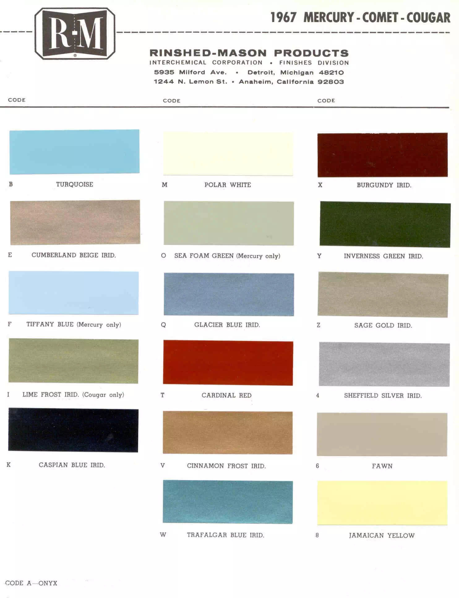 1967 Mercury Paint Codes & Color Chart Color examples, Ordering Codes, OEM Paint Code, Color Swatches, and Color Names for the Ford Motor Company in 1967